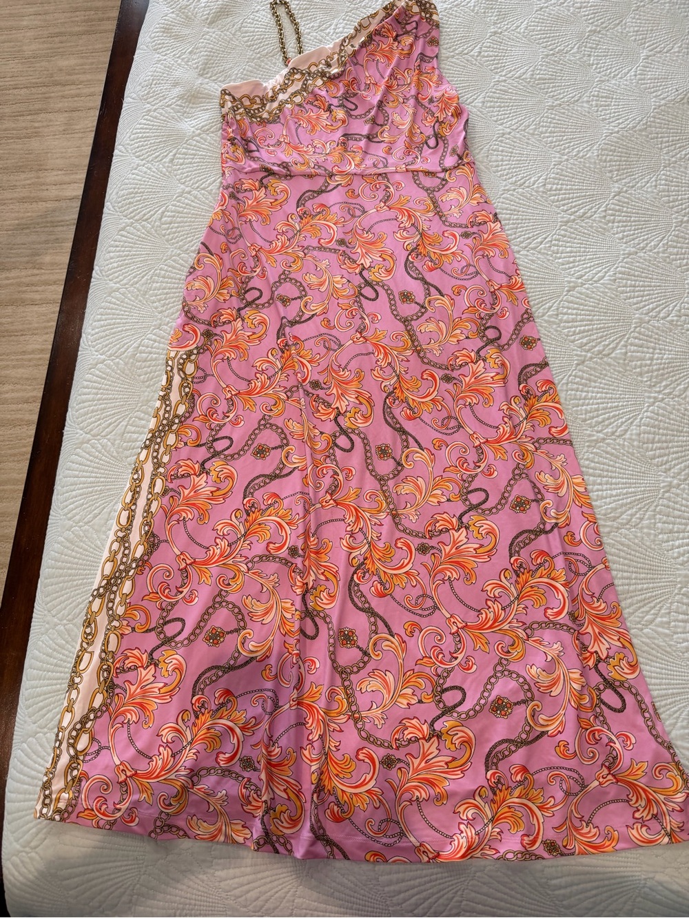 Boston Proper Pink One-Shoulder Floral Scroll Maxi Dress with Gold Chain Trim 16